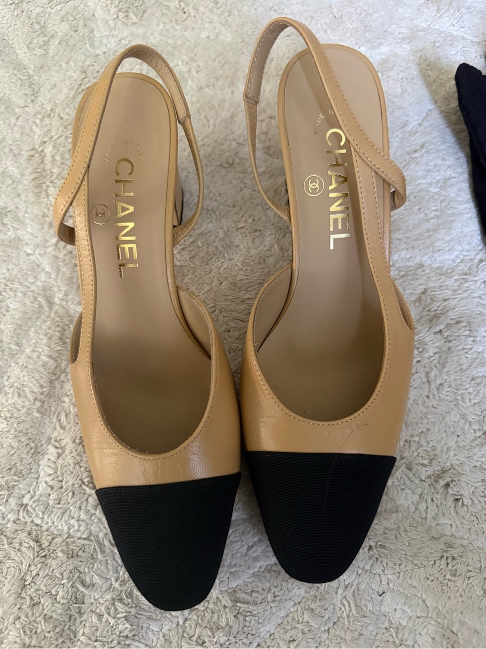 CHANEL Beige and Black Two-Tone Slingback Mules